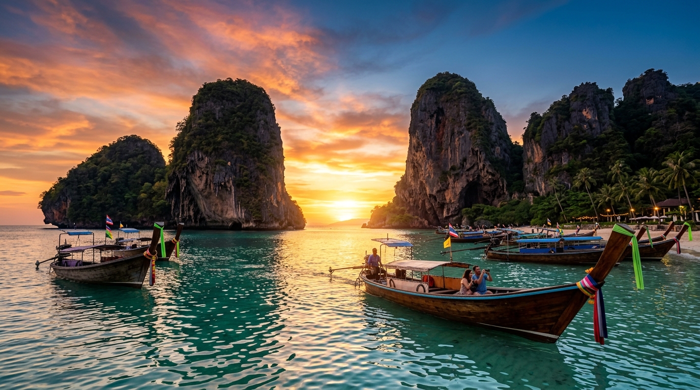 Golden Hour Longtail Boats in Tropical Lagoon